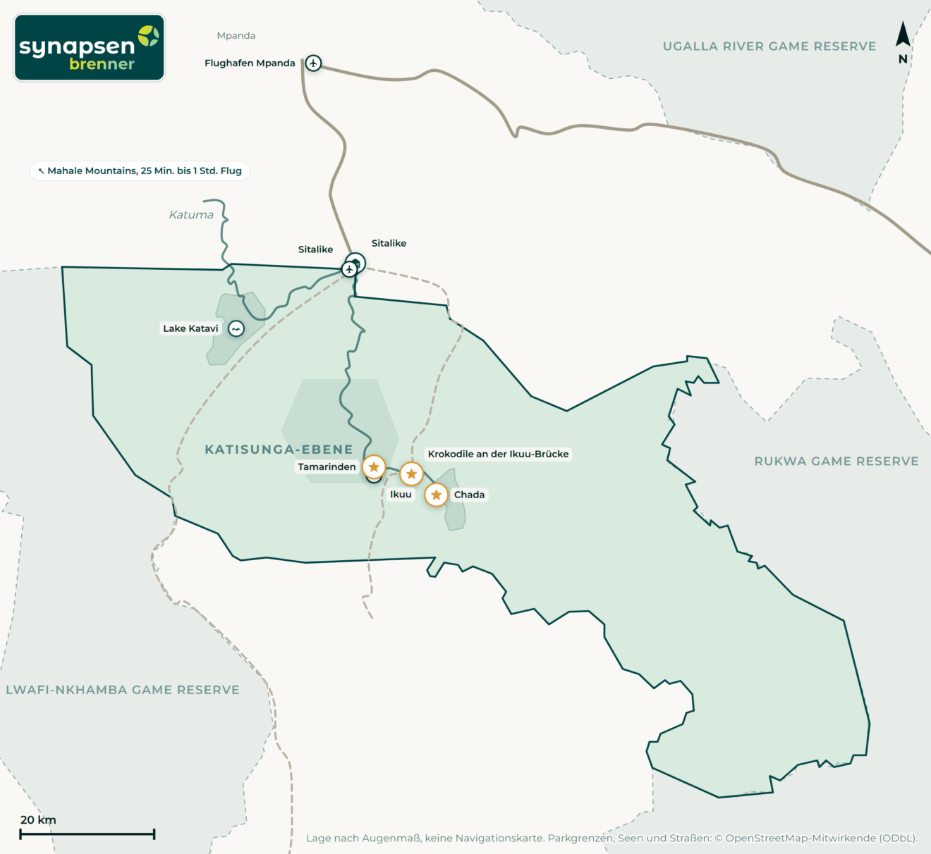 Karte von Katavi-Nationalpark: Tore, Airstrips, Highlights