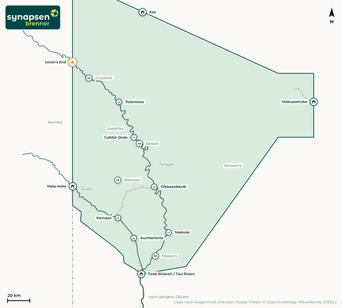 Karte von Kgalagadi-Transfrontier-Nationalpark: Tore, Airstrips, Highlights