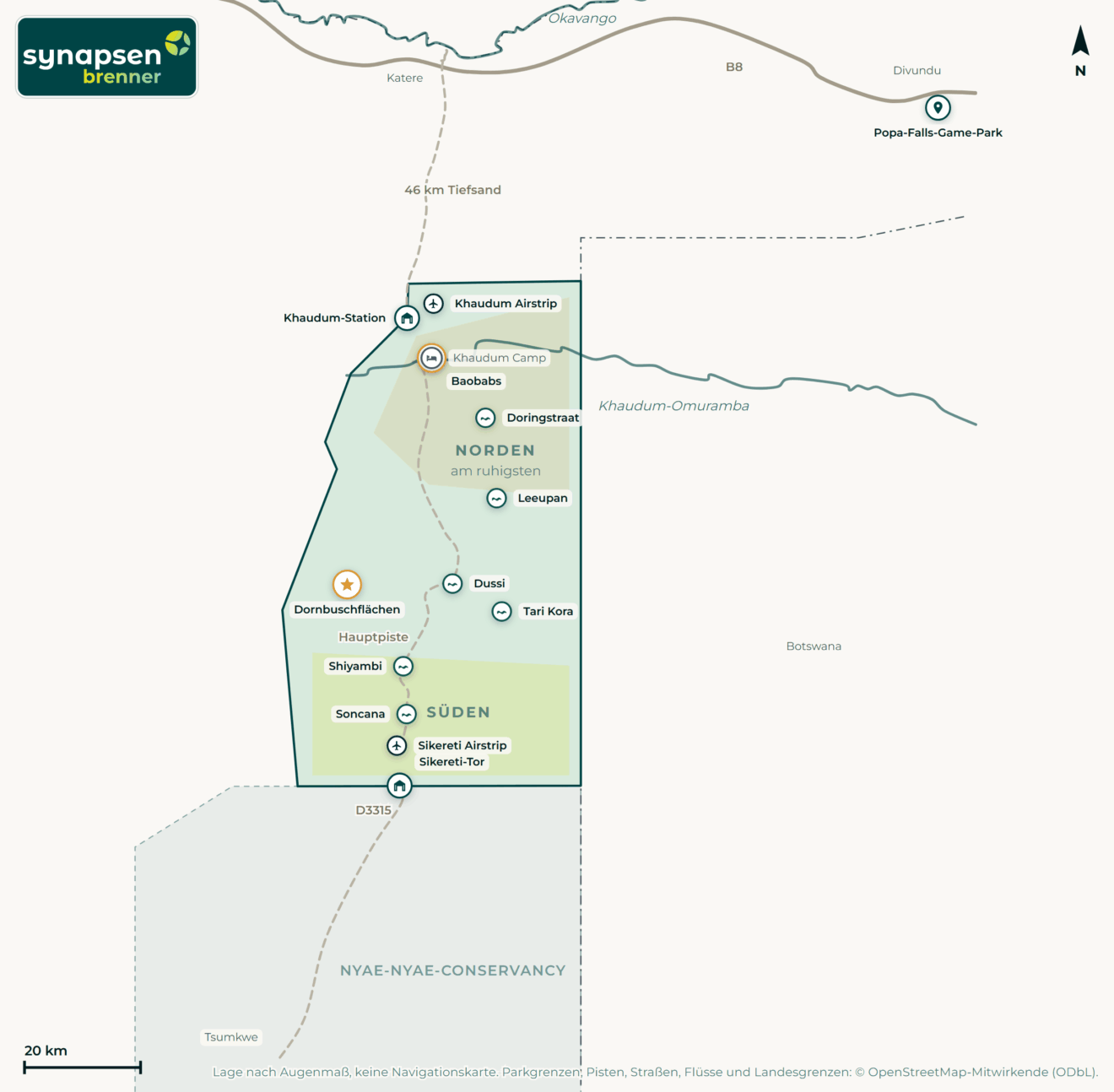 Karte von Khaudum-Nationalpark: Tore, Airstrips, Highlights