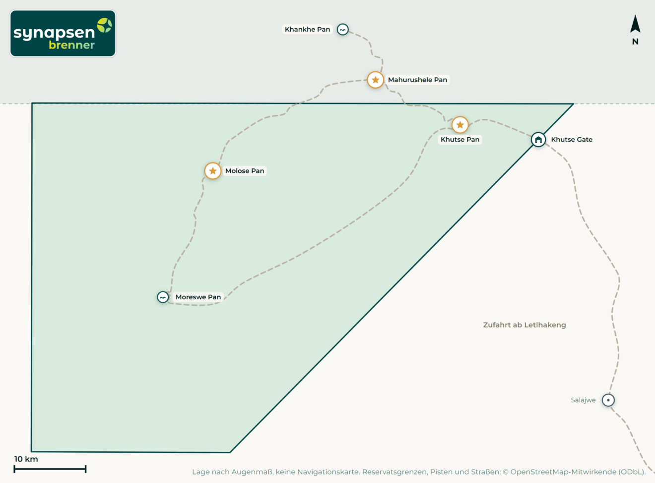 Karte von Khutse-Game-Reserve: Tore, Airstrips, Highlights
