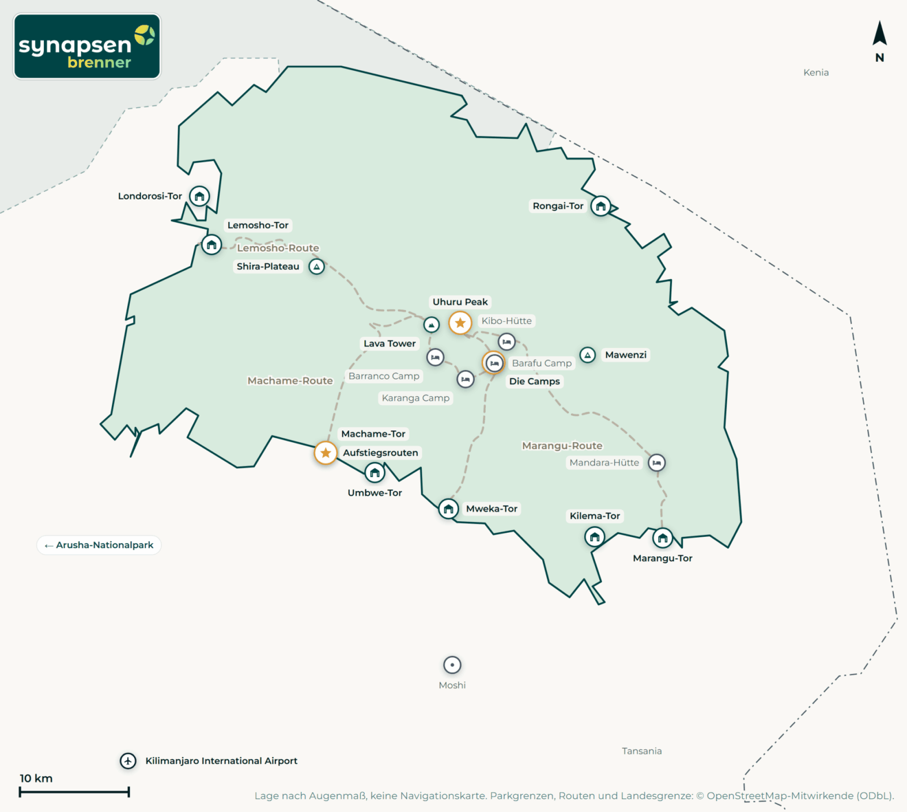Karte von Kilimandscharo-Nationalpark: Tore, Airstrips, Highlights