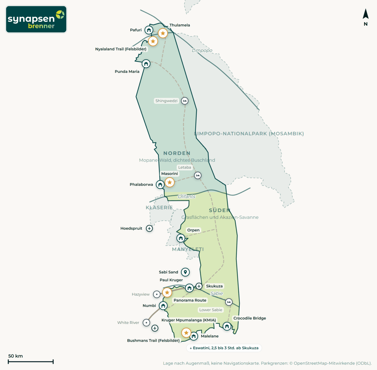 Karte von Krüger-Nationalpark: Tore, Airstrips, Highlights