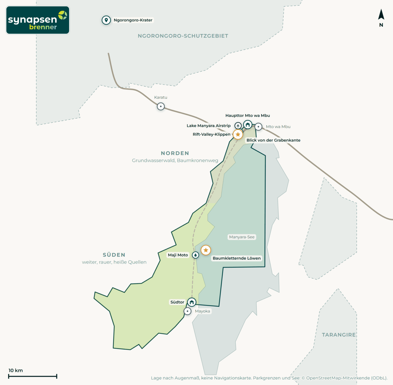 Karte von Lake-Manyara-Nationalpark: Tore, Airstrips, Highlights