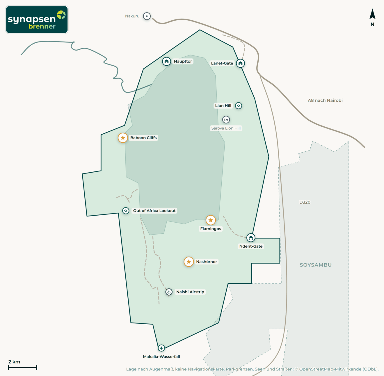 Karte von Lake-Nakuru-Nationalpark: Tore, Airstrips, Highlights