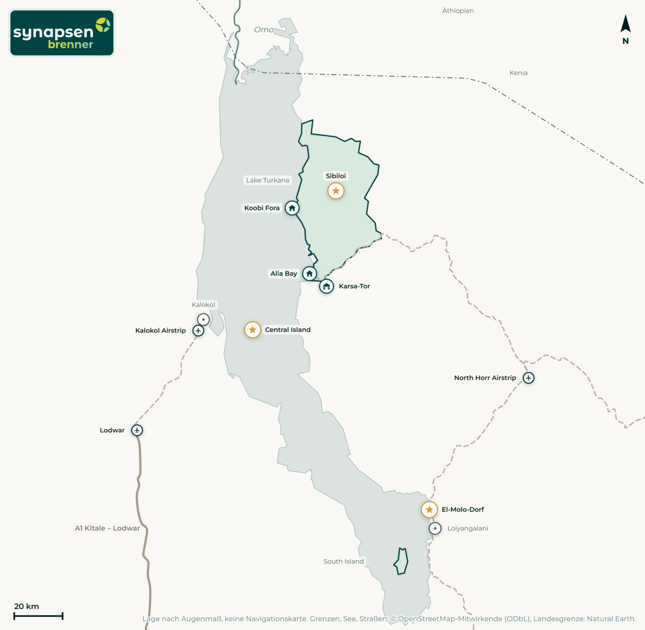 Karte von Lake-Turkana-Nationalpark: Tore, Airstrips, Highlights