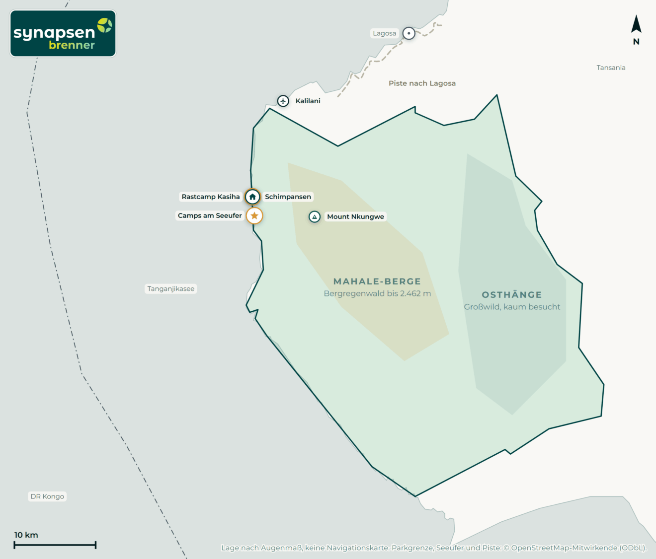 Karte von Mahale-Mountains-Nationalpark: Tore, Airstrips, Highlights