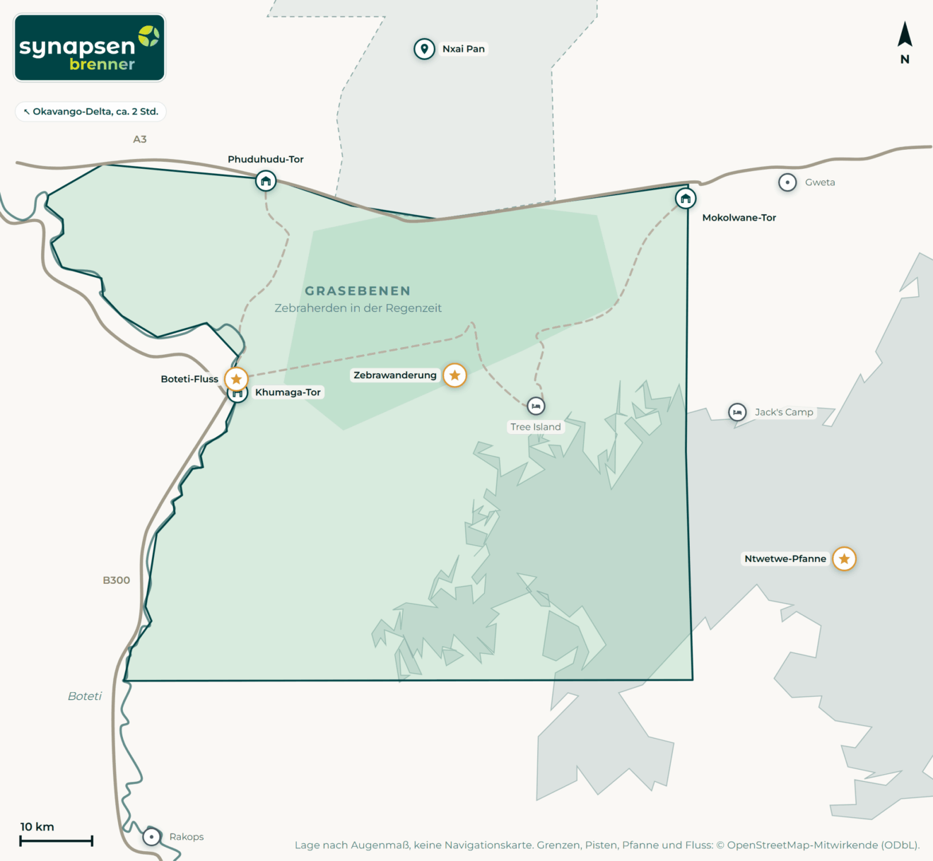 Karte von Makgadikgadi-Pans-Nationalpark: Tore, Airstrips, Highlights