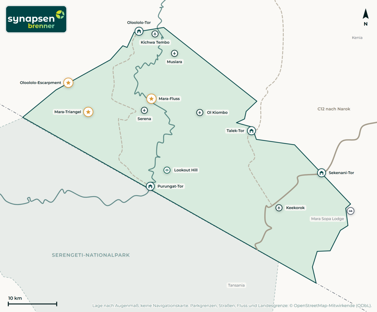 Karte von Masai-Mara-Nationalreservat: Tore, Airstrips, Highlights