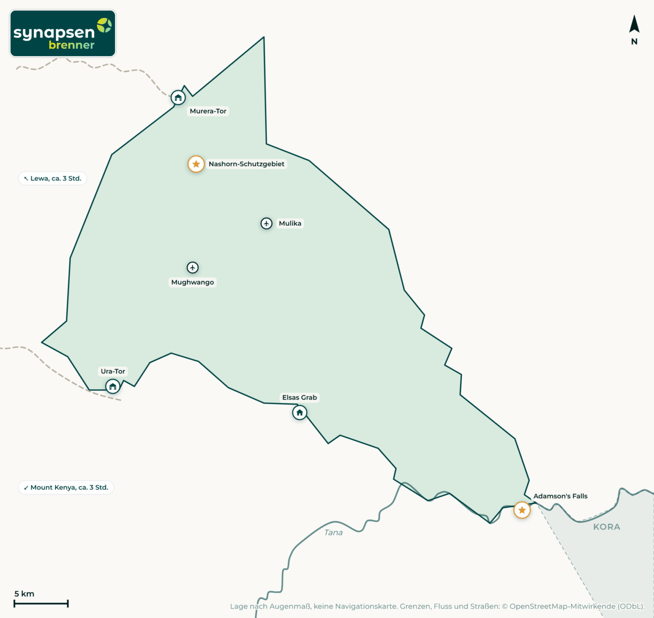 Karte von Meru-Nationalpark: Tore, Airstrips, Highlights