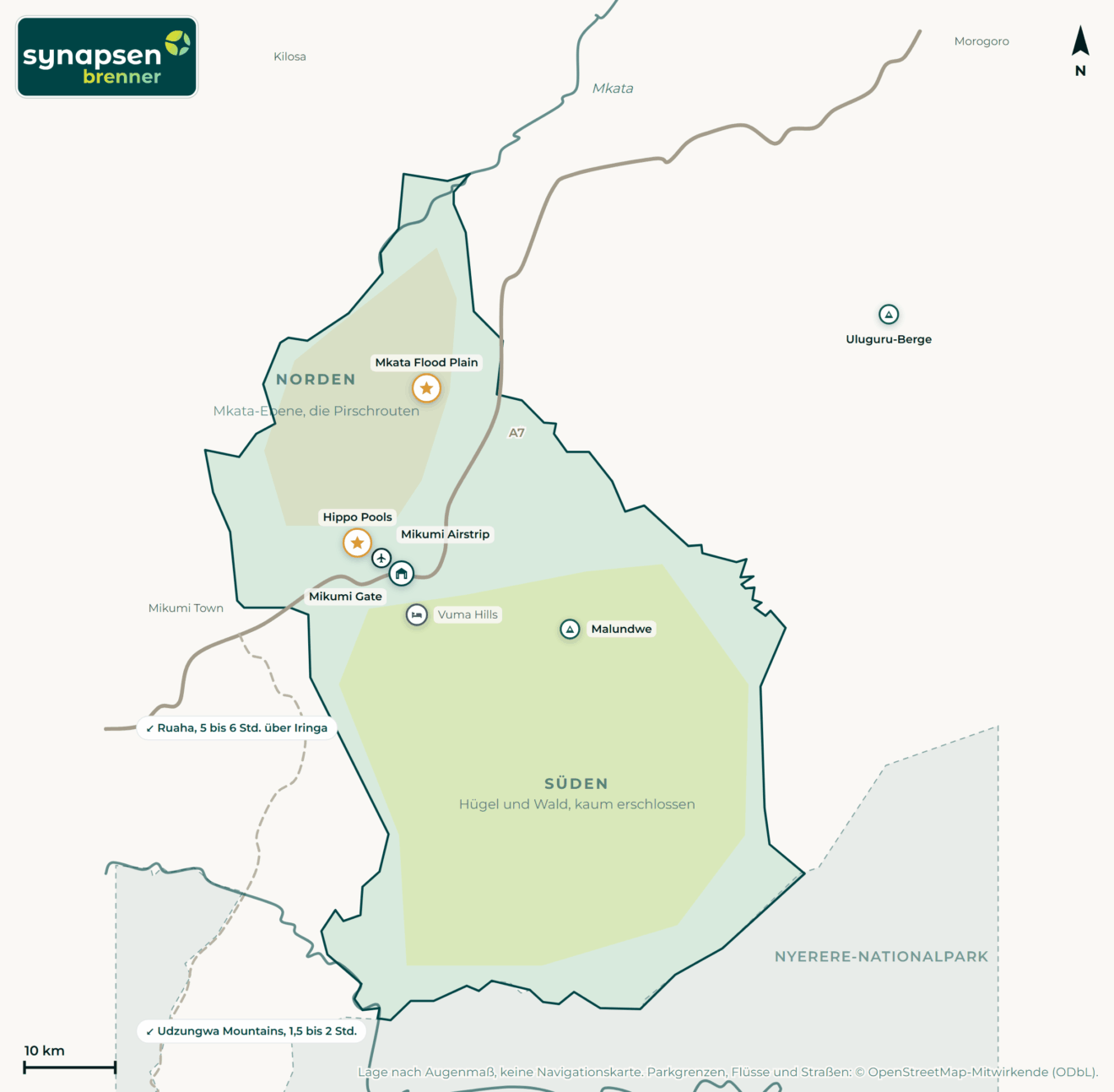Karte von Mikumi-Nationalpark: Tore, Airstrips, Highlights