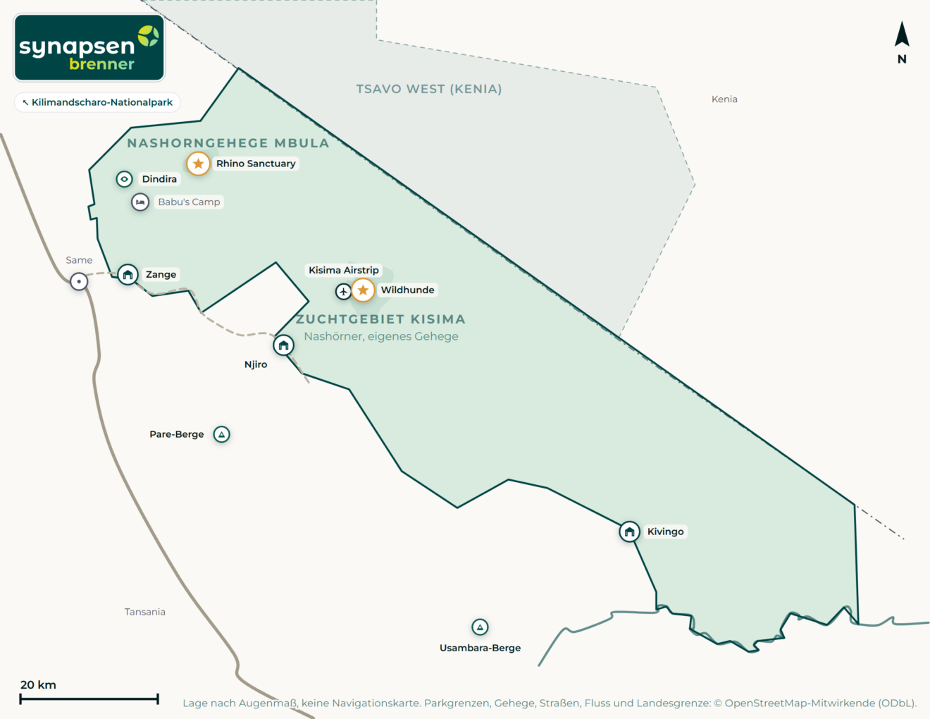 Karte von Mkomazi-Nationalpark: Tore, Airstrips, Highlights