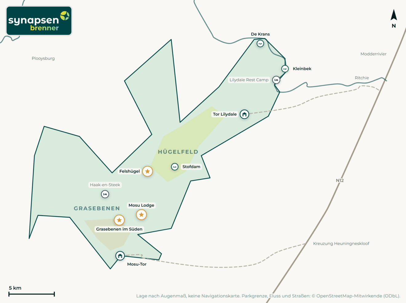 Karte von Mokala-Nationalpark: Tore, Airstrips, Highlights