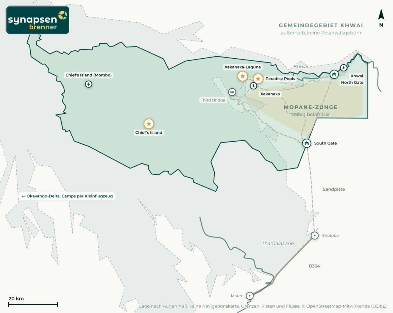 Karte von Moremi-Game-Reserve: Tore, Airstrips, Highlights