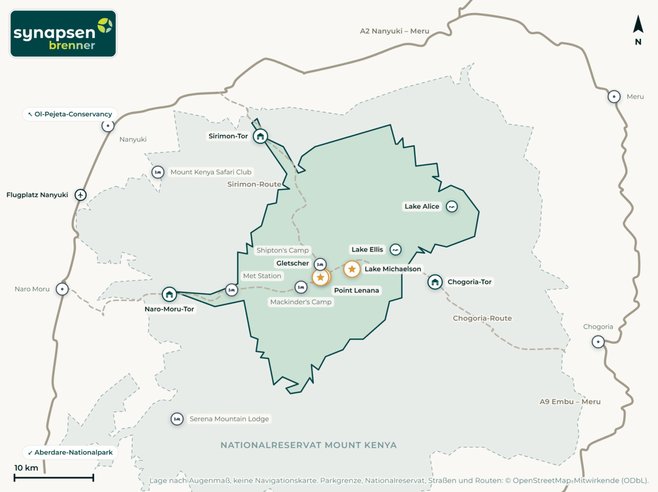 Karte von Mount-Kenya-Nationalpark: Tore, Airstrips, Highlights