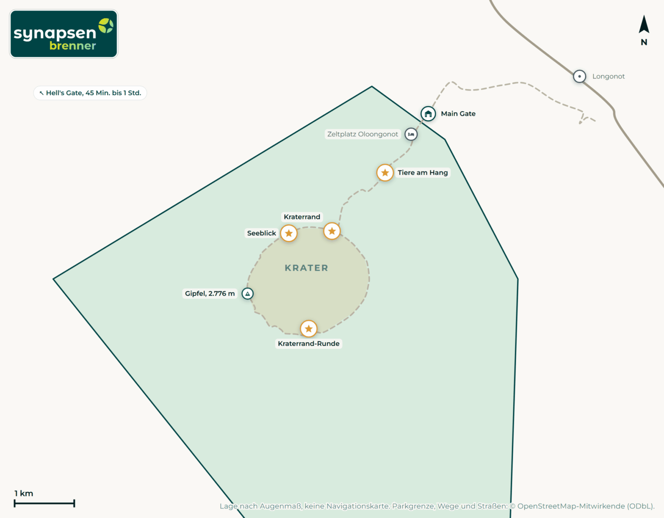 Karte von Mount-Longonot-Nationalpark: Tore, Airstrips, Highlights
