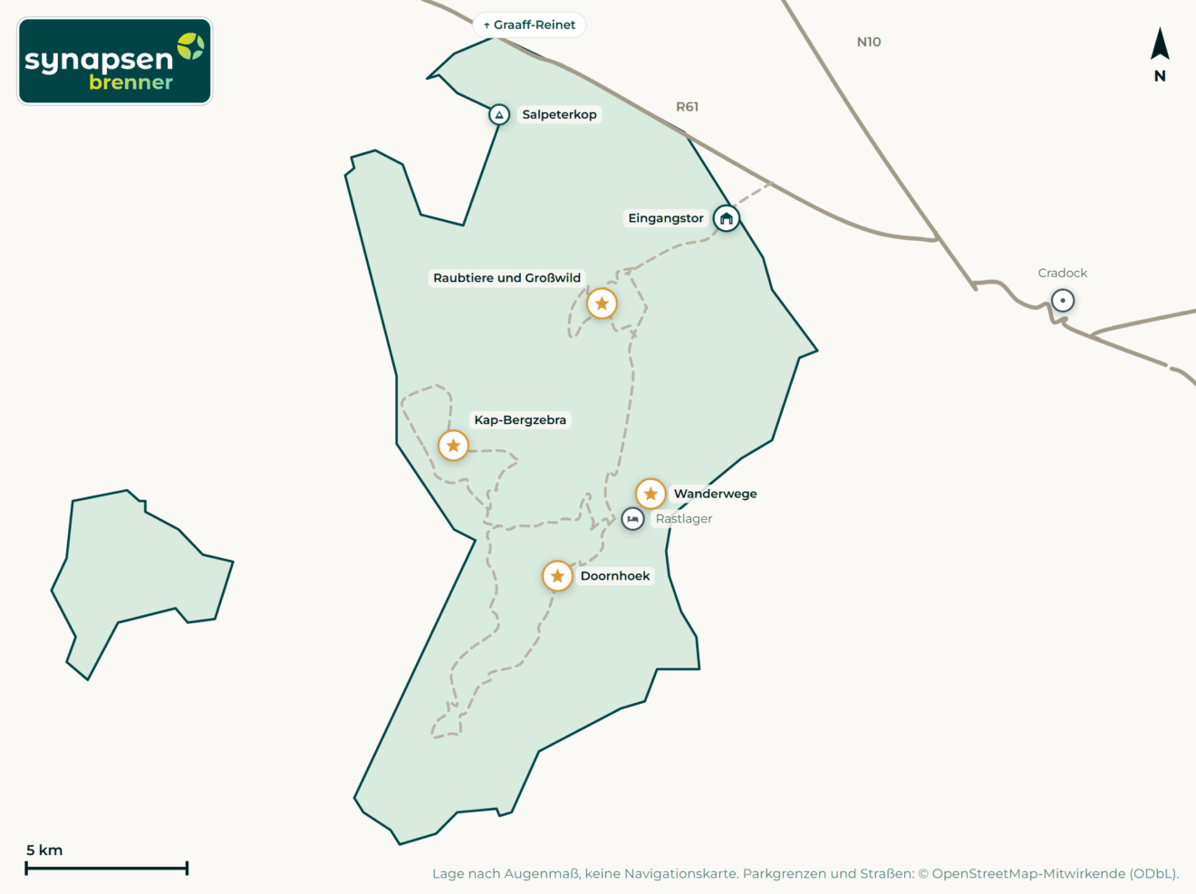 Karte von Mountain-Zebra-Nationalpark: Tore, Airstrips, Highlights