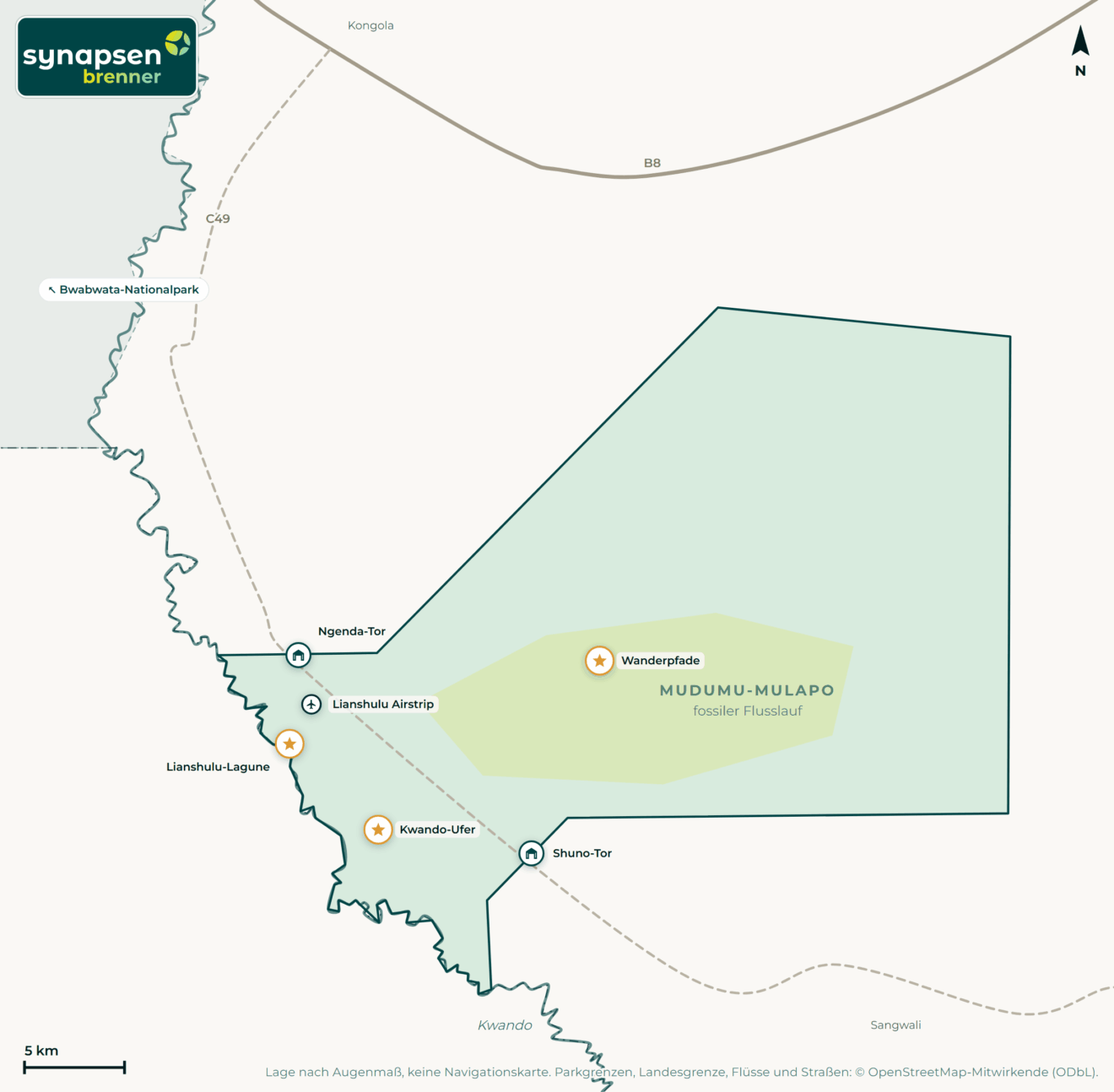 Karte von Mudumu-Nationalpark: Tore, Airstrips, Highlights
