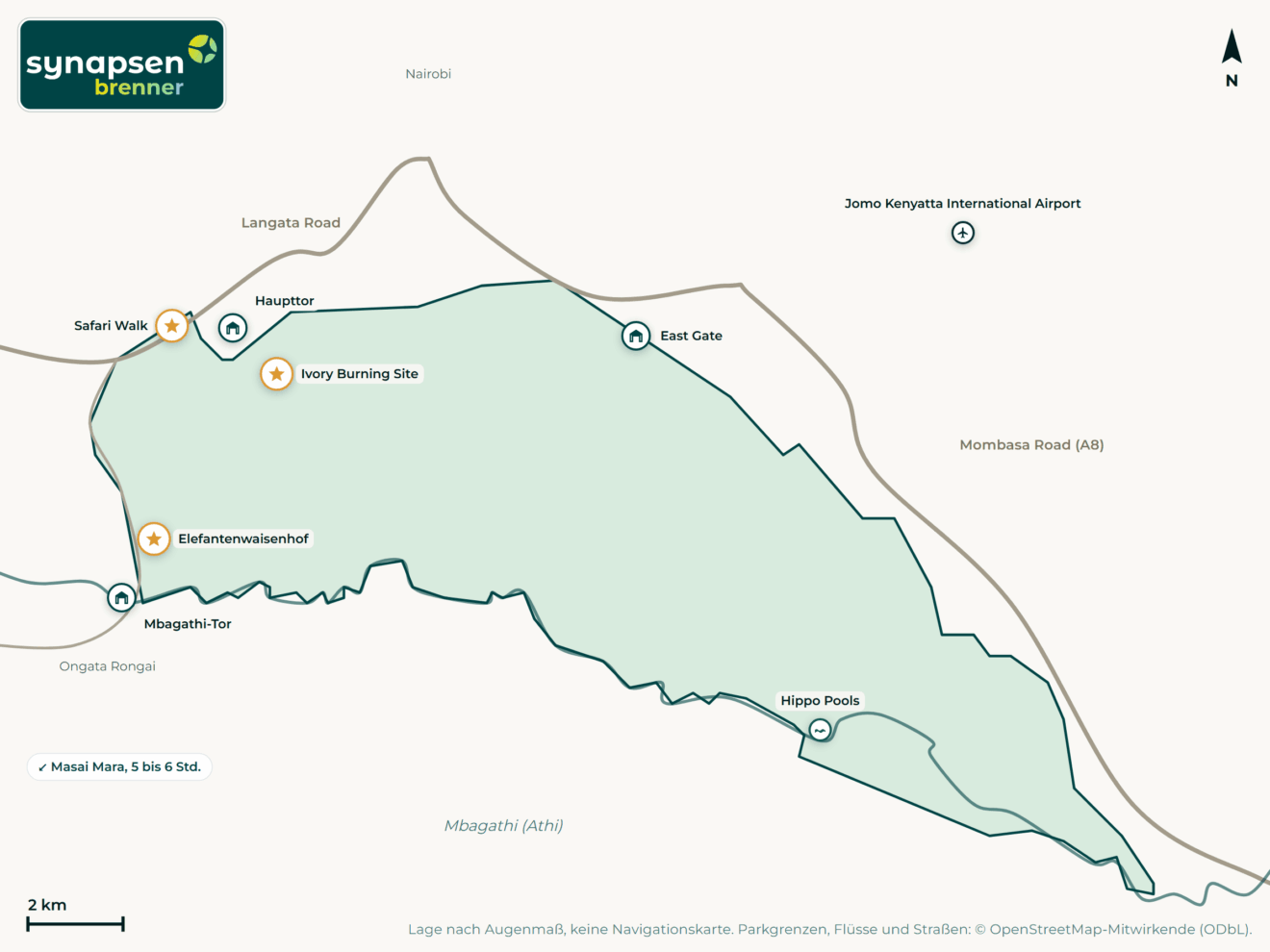 Karte von Nairobi-Nationalpark: Tore, Airstrips, Highlights