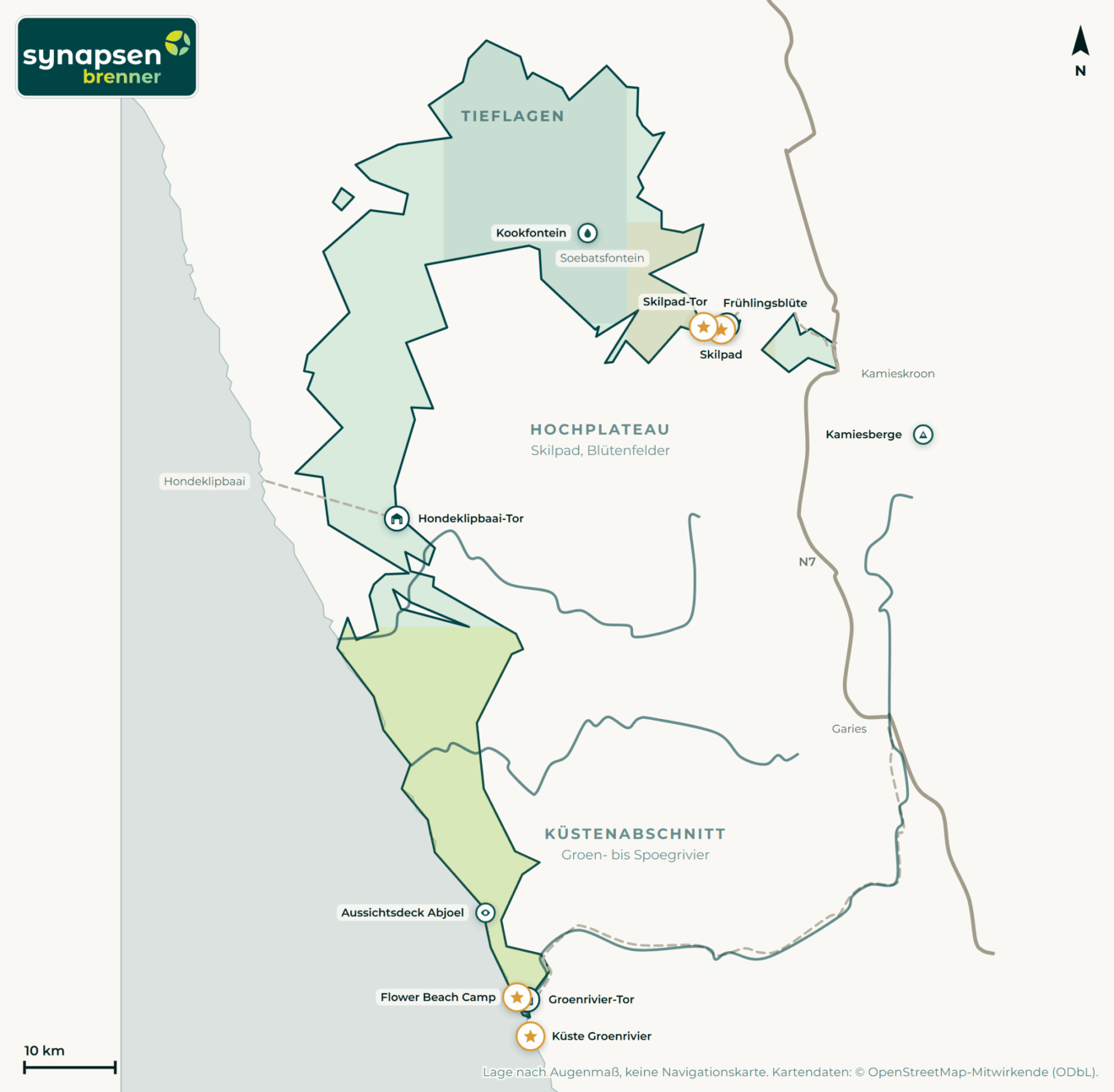 Karte von Namaqua-Nationalpark: Tore, Airstrips, Highlights