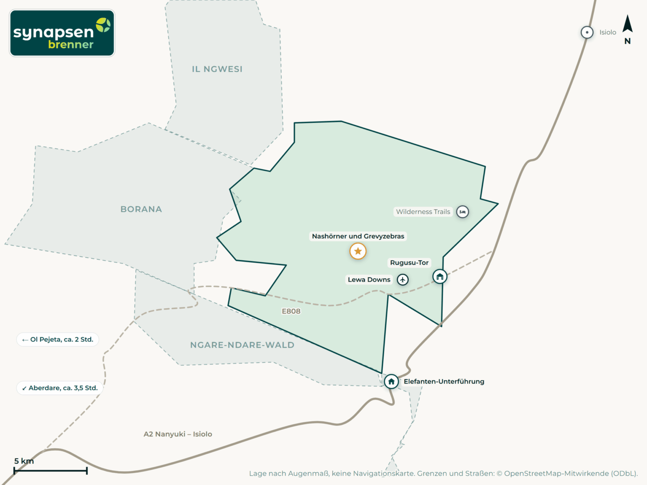 Karte von Lewa-Wildlife-Conservancy: Tore, Airstrips, Highlights