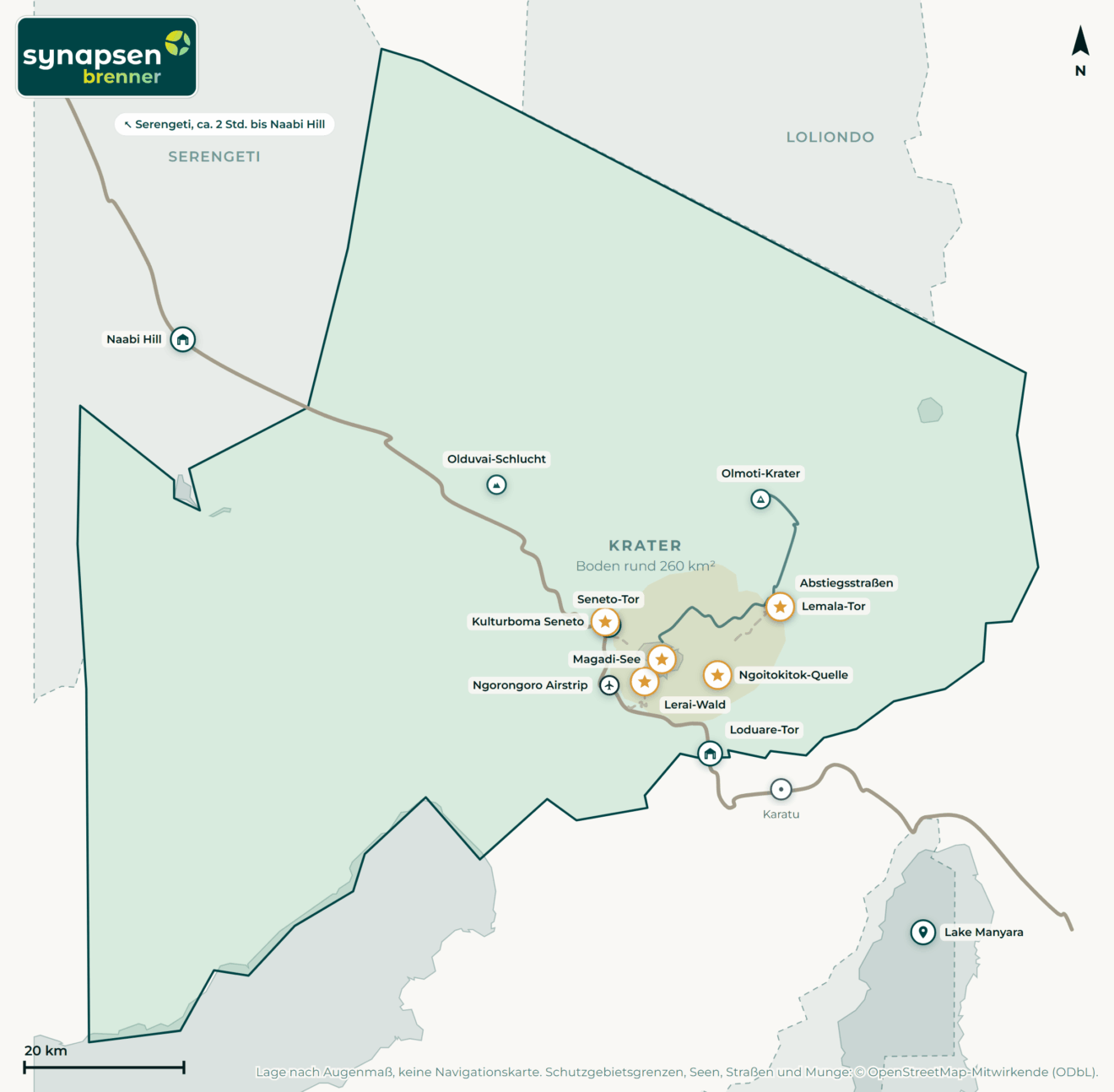 Karte von Ngorongoro-Krater: Tore, Airstrips, Highlights