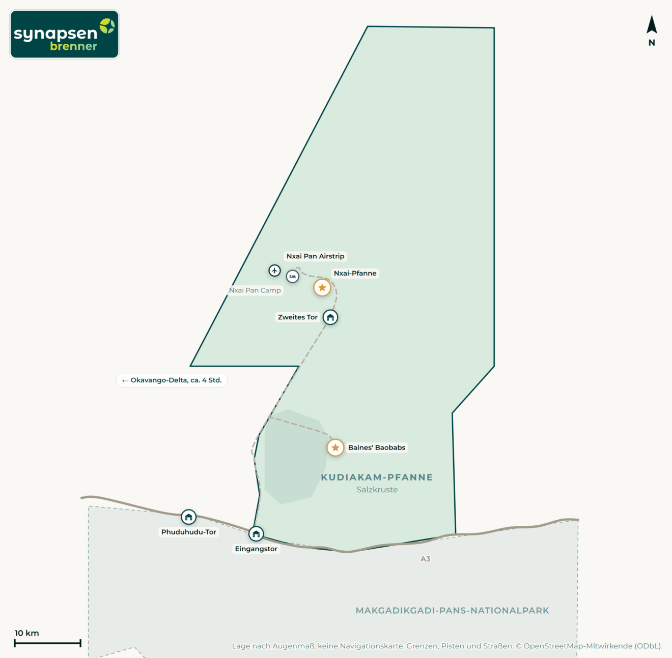 Karte von Nxai-Pan-Nationalpark: Tore, Airstrips, Highlights