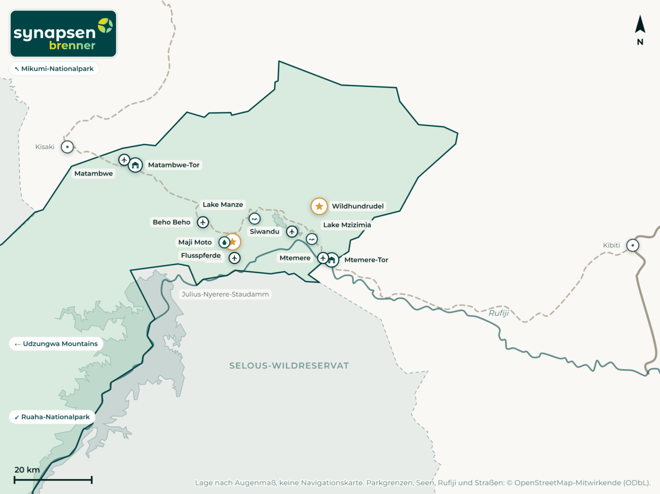 Karte von Nyerere-Nationalpark: Tore, Airstrips, Highlights