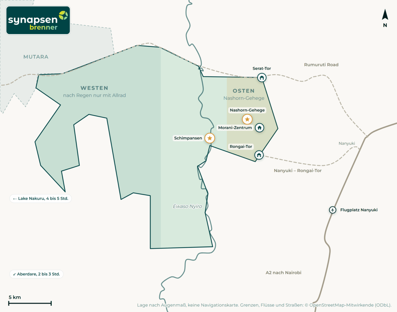 Karte von Ol-Pejeta-Conservancy: Tore, Airstrips, Highlights