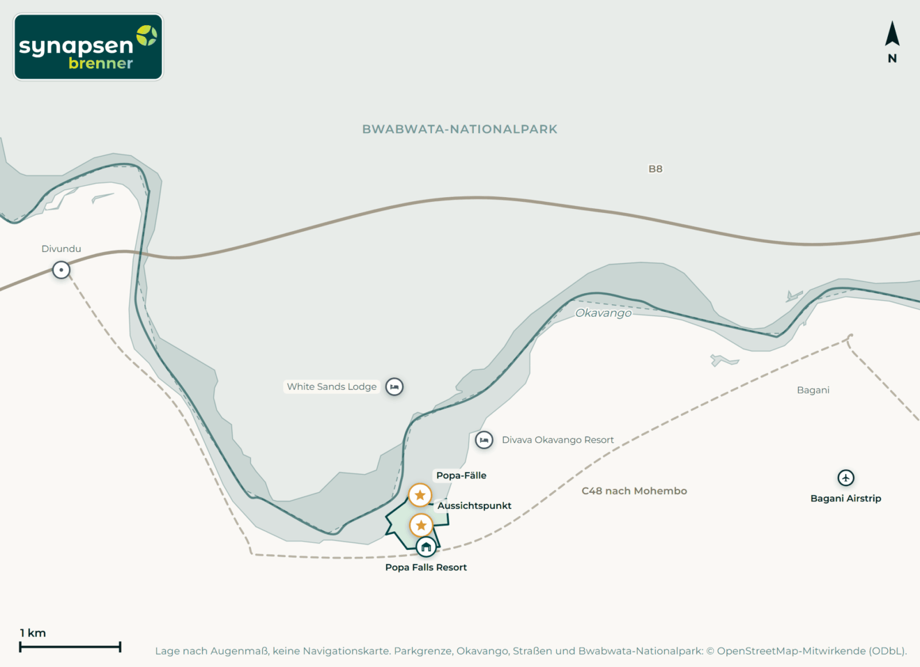 Karte von Popa-Falls-Game-Park: Tore, Airstrips, Highlights