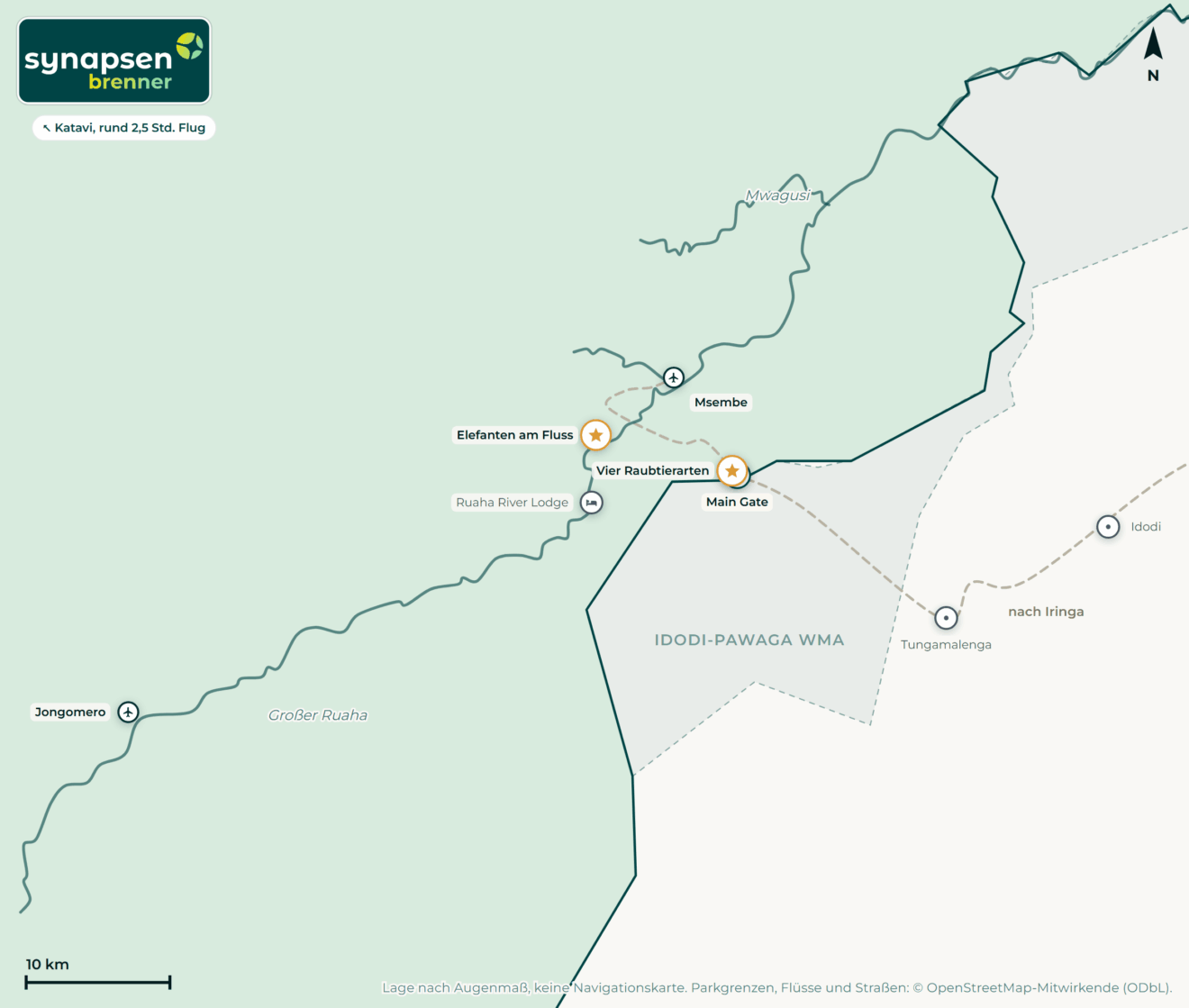 Karte von Ruaha-Nationalpark: Tore, Airstrips, Highlights