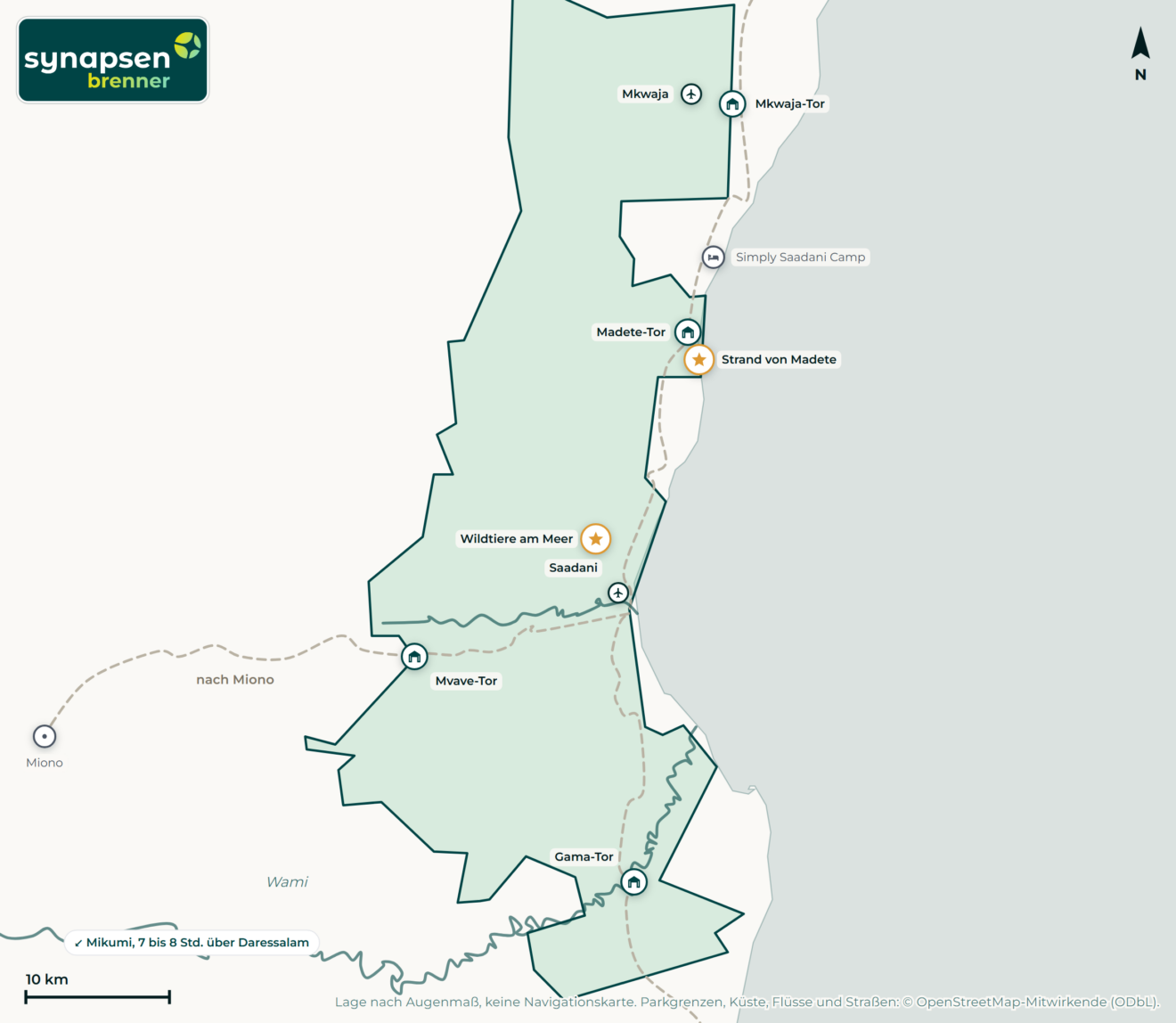 Karte von Saadani-Nationalpark: Tore, Airstrips, Highlights