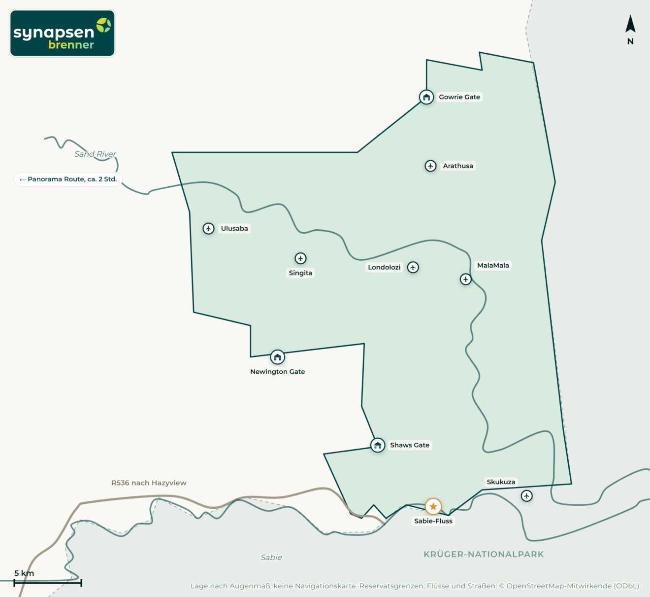 Karte von Sabi-Sand-Game-Reserve: Tore, Airstrips, Highlights