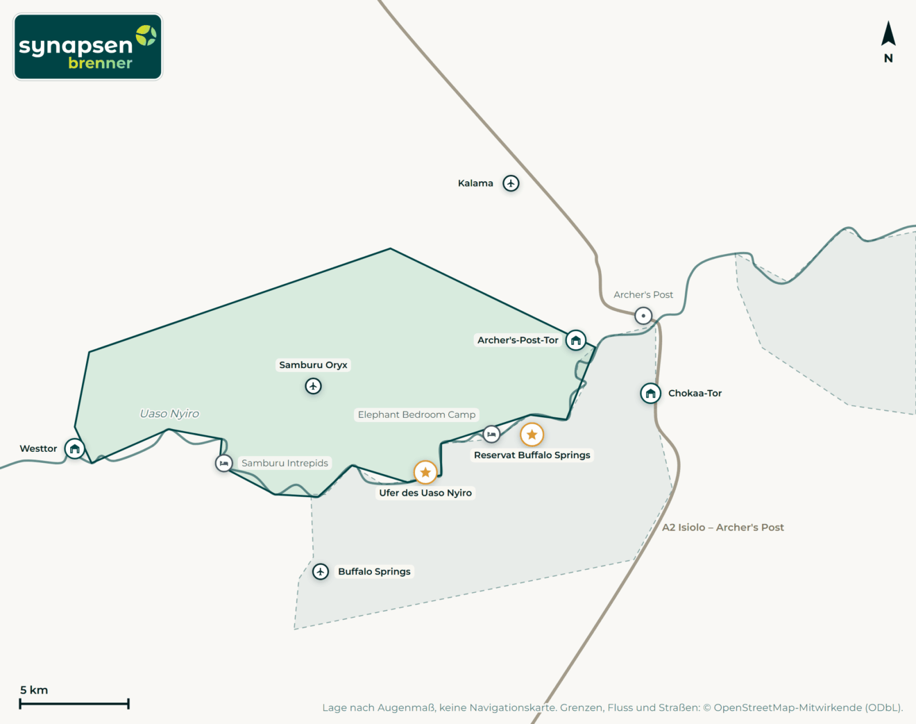 Karte von Samburu-Nationalreservat: Tore, Airstrips, Highlights