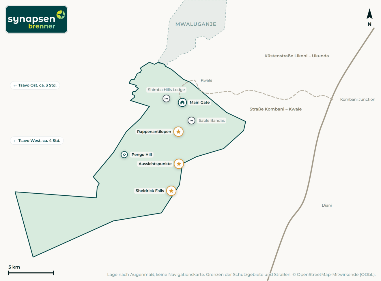 Karte von Shimba-Hills-Nationalreservat: Tore, Airstrips, Highlights