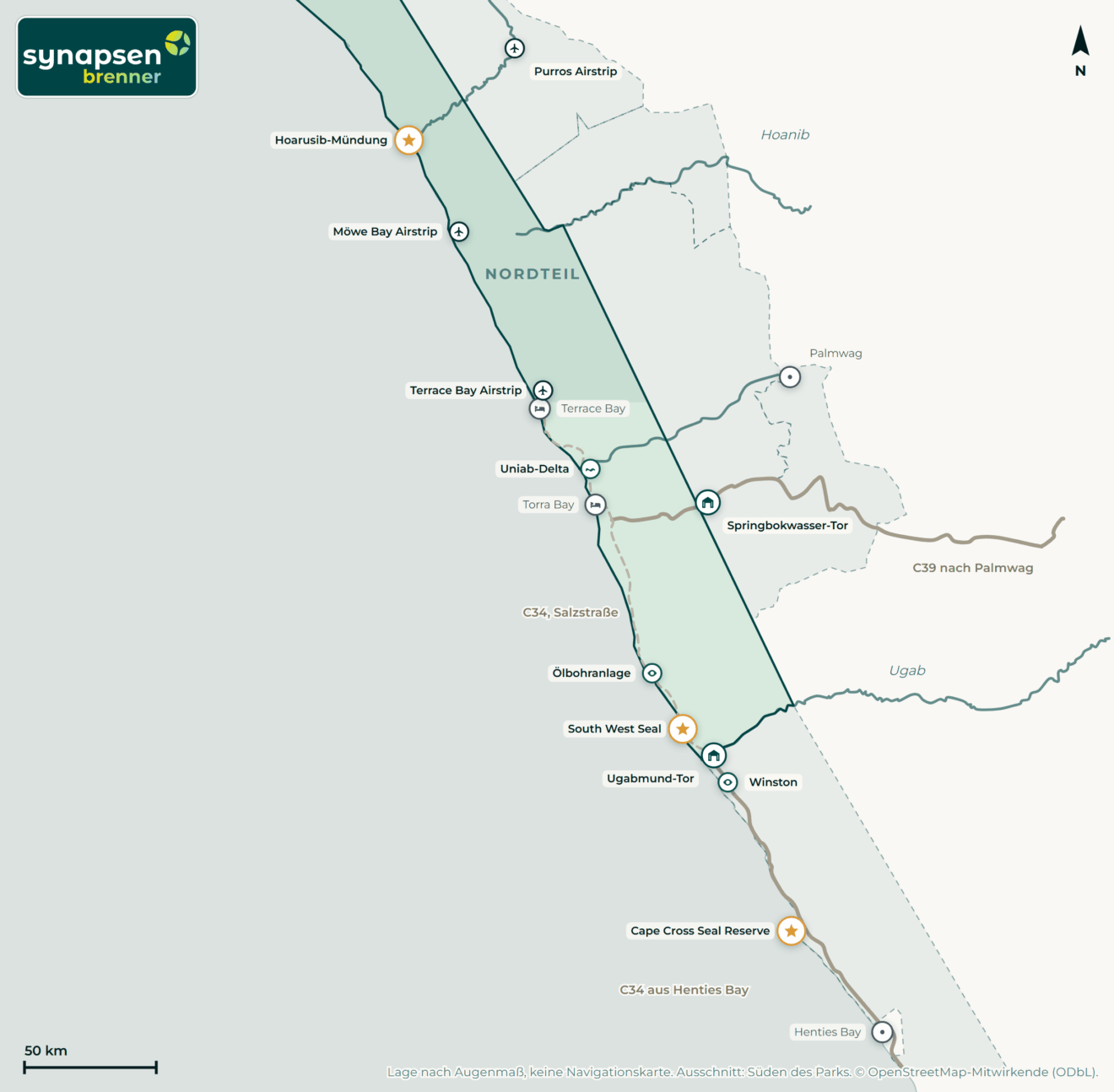 Karte von Skeleton-Coast-Nationalpark: Tore, Airstrips, Highlights