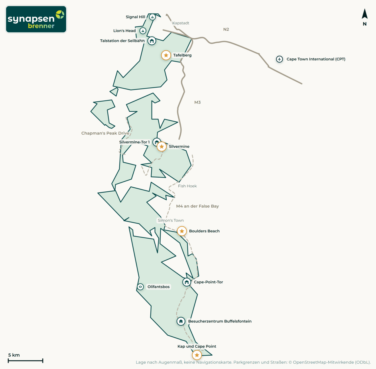 Karte von Tafelberg-Nationalpark: Tore, Airstrips, Highlights