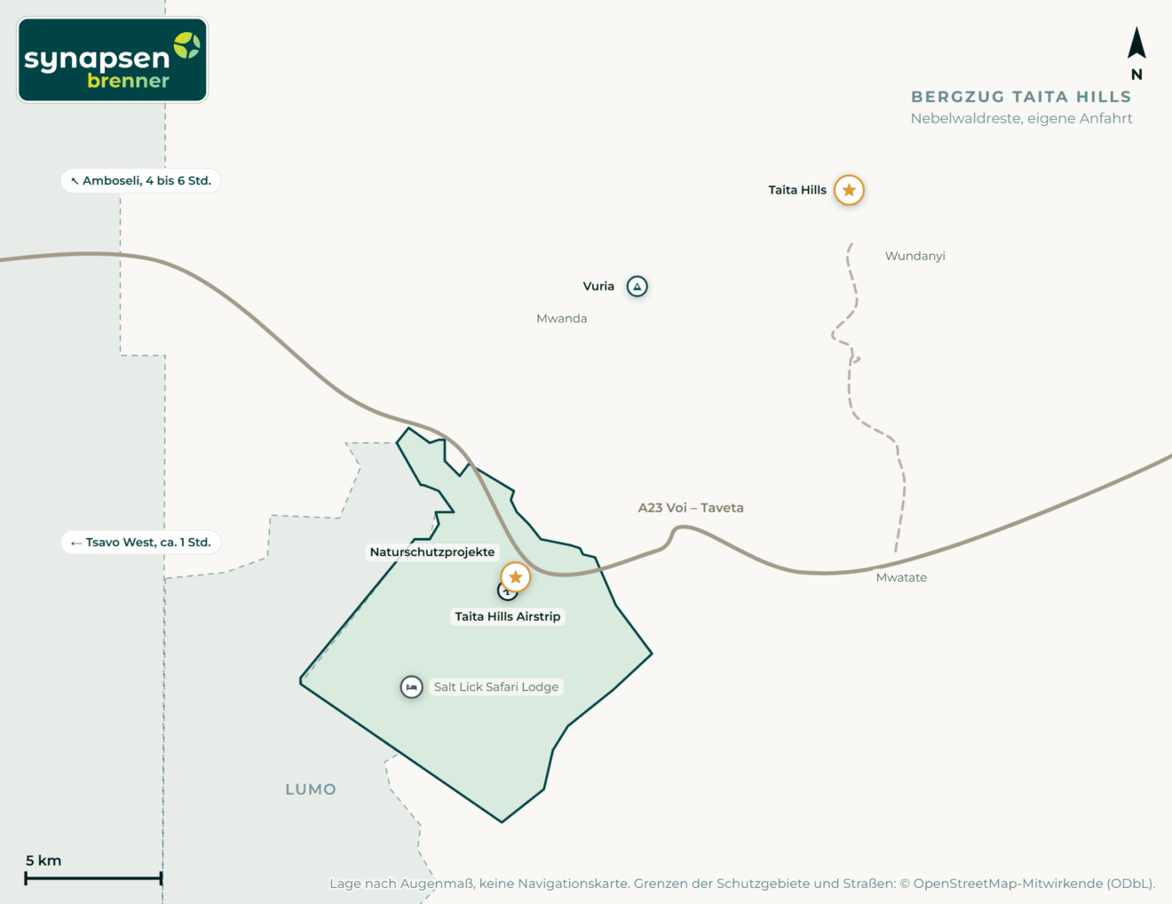 Karte von Taita-Hills-Reservat: Tore, Airstrips, Highlights