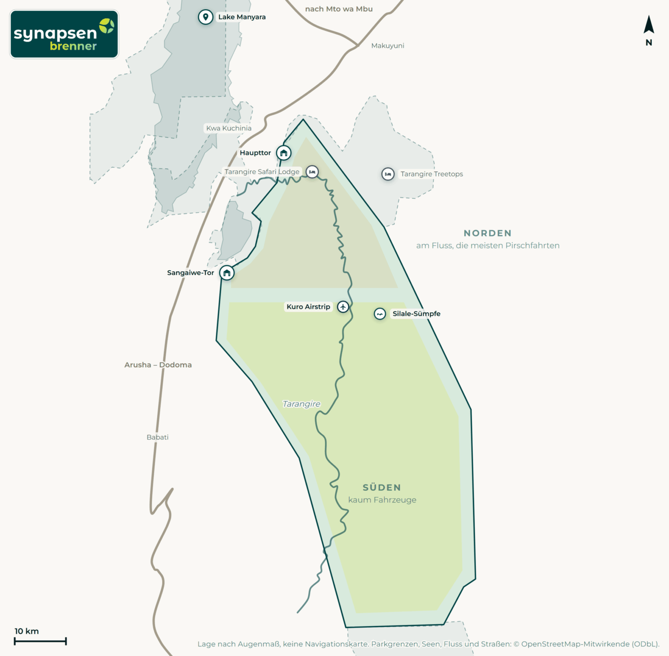 Karte von Tarangire-Nationalpark: Tore, Airstrips, Highlights