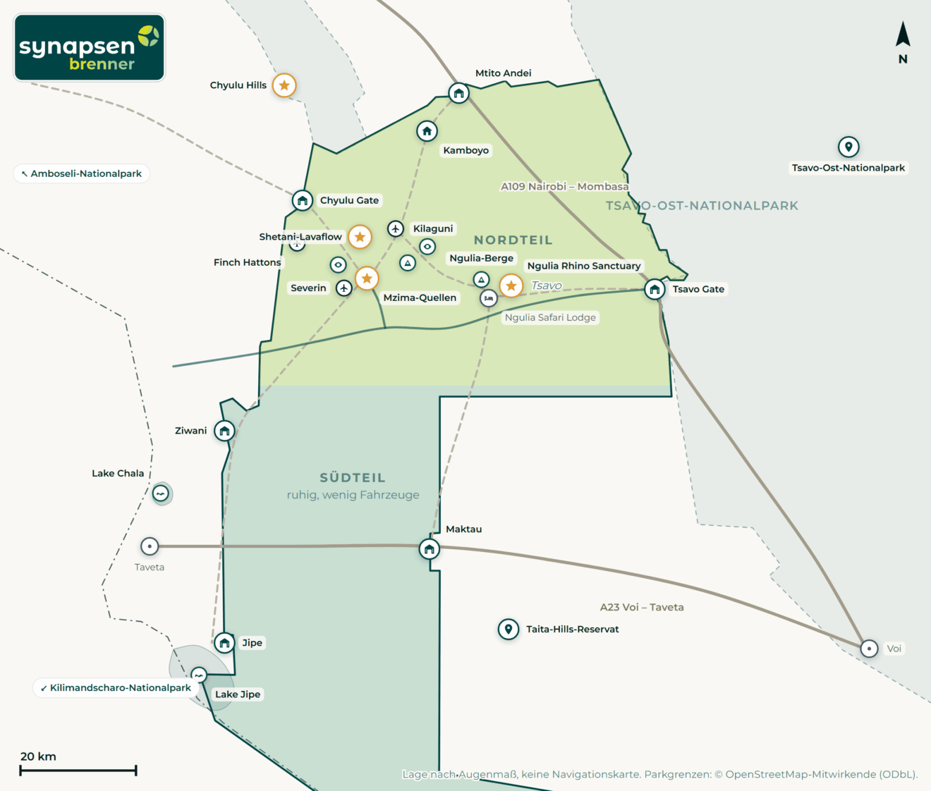 Karte von Tsavo-West-Nationalpark: Tore, Airstrips, Highlights