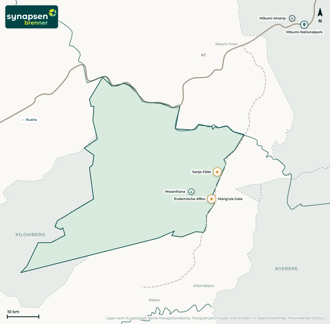 Karte von Udzungwa-Mountains-Nationalpark: Tore, Airstrips, Highlights