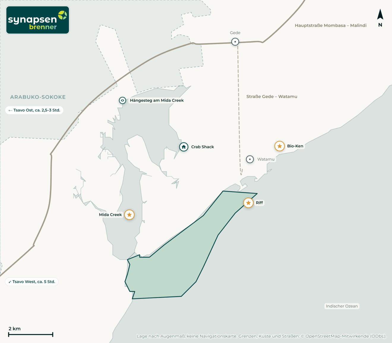 Karte von Watamu-Marine-Nationalpark: Tore, Airstrips, Highlights