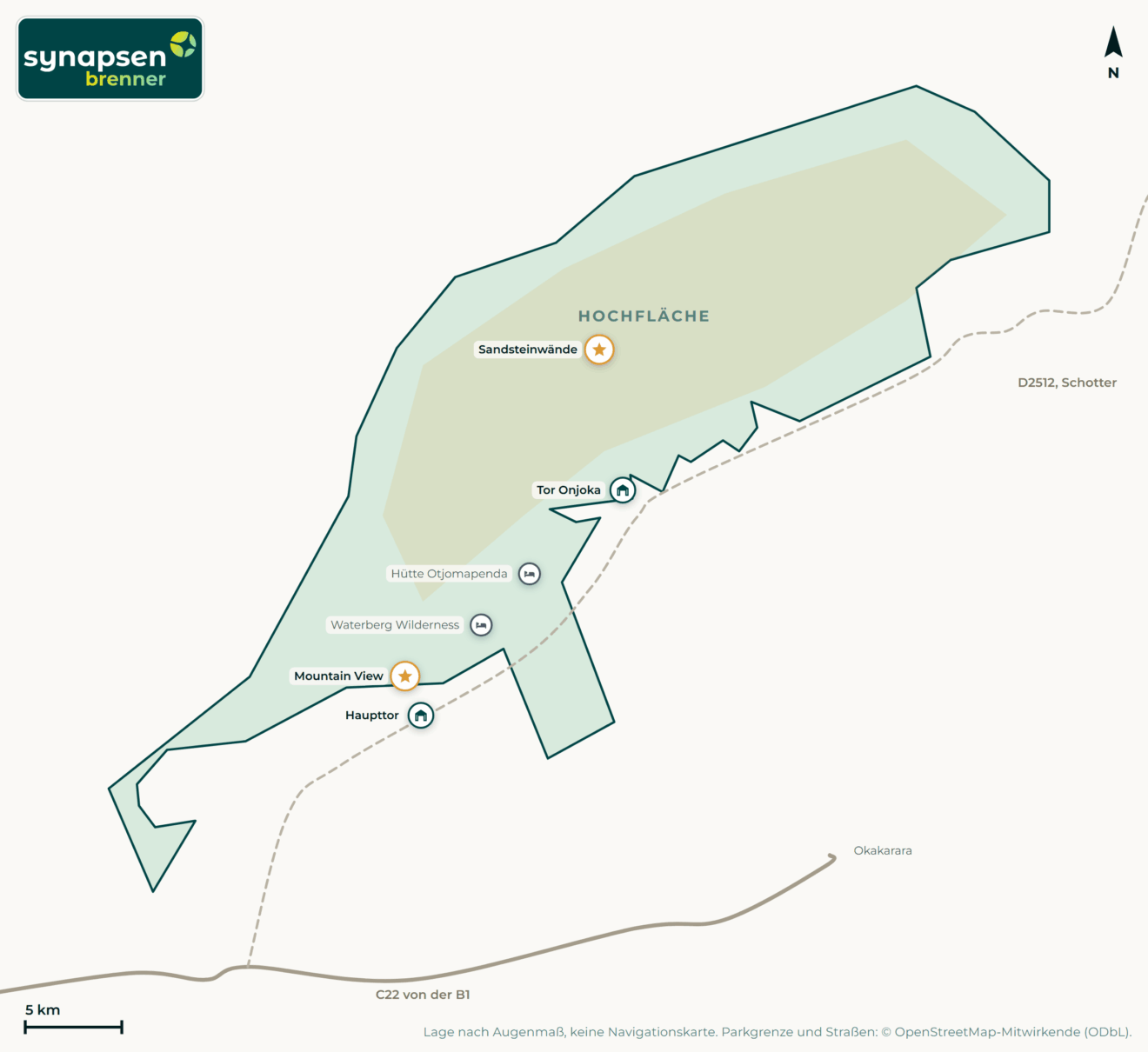Karte von Waterberg-Plateau-Nationalpark: Tore, Airstrips, Highlights