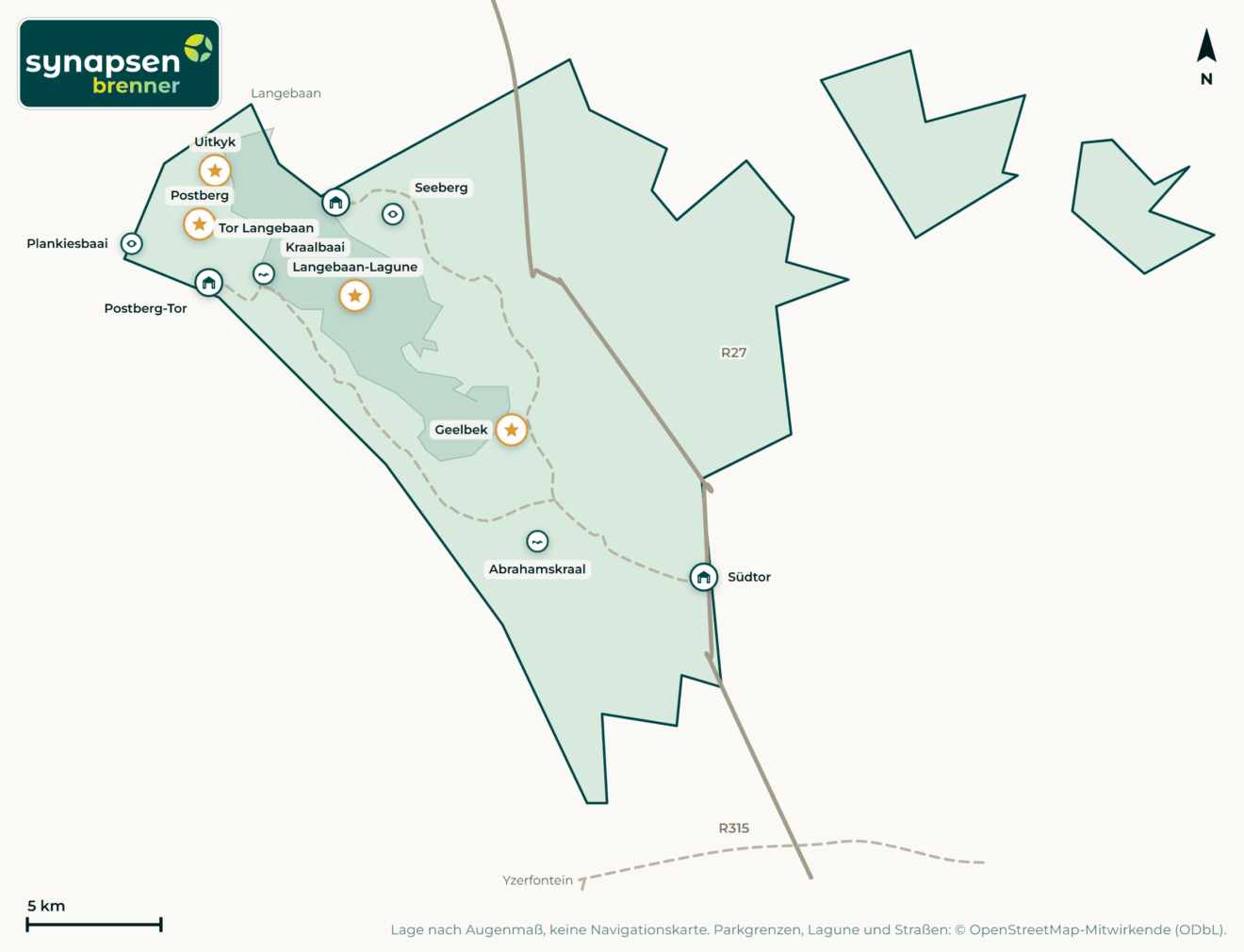 Karte von West-Coast-Nationalpark: Tore, Airstrips, Highlights